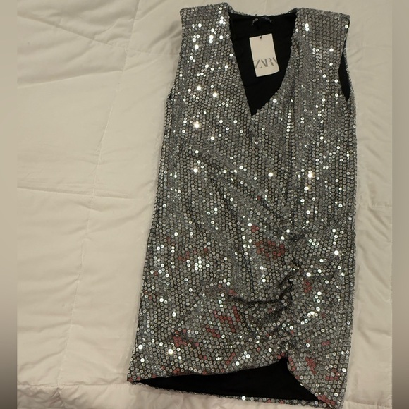 ZARA Silver Draped Sequin Mini Dress – Size Small – NWT - Picture 9 of 9